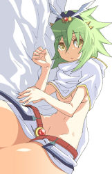  1girl bare_arms bellnoa_(choukadou_girl_1/6) belt breasts choukadou_girl_1/6 green_hair headband looking_at_viewer lying medium_breasts on_bed on_side skirt solo thighs yellow_eyes  rating:Explicit score:4 user:BottomDaiba
