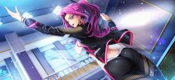  1girl arm_up artist_request ass back black_jacket black_leggings breasts clothing_cutout code_geass code_geass:_lost_stories cornelia_li_britannia cowboy_shot dimples_of_venus dutch_angle earrings female_focus forehead from_behind game_cg hair_intakes hand_up happy highres holding_tennis_racket indoors jacket jewelry leggings light_particles light_rays lipstick long_hair long_sleeves looking_at_viewer makeup medium_breasts midriff non-web_source official_art pantylines parted_lips pink_trim playing_sports purple_eyes purple_hair purple_lips railing serving_(sports) shiny_clothes sidelocks smile solo sparkle sports_bra sportswear standing sweat teeth tennis white_sports_bra window zipper 