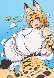  1girl absurdres animal_ears ass blonde_hair breasts cloud dress female_focus giant giantess gloves gradient_background highres huge_breasts kemono_friends letters looking_down open_mouth planes serval_(kemono_friends) sky solo standing tail toka yellow_eyes  rating:Questionable score:17 user:Ivelacia