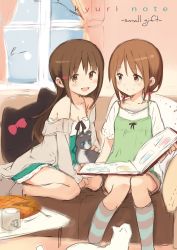 2girls :d animal bare_shoulders blush book brown_eyes brown_hair brown_shorts camisole cat closed_mouth collarbone commentary_request couch cup curtains dress english_text food fork green_camisole green_dress grey_jacket grey_legwear hair_ribbon highres indoors jacket kyuri long_hair looking_at_another looking_at_viewer mug multiple_girls no_shoes off_shoulder on_couch open_book open_clothes open_jacket open_mouth original pillow red_ribbon ribbon shirt short_shorts short_sleeves shorts sitting sketch sleeveless sleeveless_dress smile socks striped_clothes striped_legwear striped_socks table very_long_hair white_cat white_shirt window