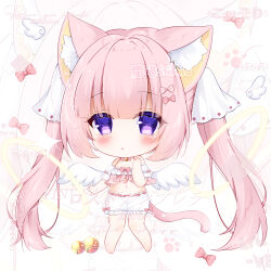  1girl angel_wings animal_ear_fluff animal_ears bad_bcy_id bad_id bare_legs barefoot bell bloomers blunt_ends bow bow_choker bow_legwear bowtie bra cat_ears chibi detached_sleeves eyelashes frilled_sleeves frills full_body hair_bow hand_on_own_shoulder lace-trimmed_bow lace_trim light_blush long_hair looking_at_viewer midriff navel neck_bell original parted_lips paw_print pink_bow pink_bowtie pink_hair puffy_short_sleeves puffy_sleeves purple_eyes ribbon-trimmed_bloomers ribbon_trim sample_watermark short_sleeves shuangmiao_shimo simple_background sleeve_bow solo triangle_mouth twintails two-tone_bra underwear very_long_hair watermark white_background white_bloomers white_bra white_sleeves white_wings wings 