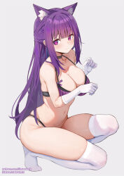  1girl animal_ears bare_shoulders blush bra breasts cat_ears cleavage collarbone elbow_gloves fern_(sousou_no_frieren) gloves half_updo highres large_breasts long_hair looking_at_viewer navel panties purple_bra purple_eyes purple_hair purple_panties sidelocks simao_(x_x36131422) solo sousou_no_frieren squatting thighhighs underwear white_gloves white_thighhighs  rating:Sensitive score:73 user:danbooru