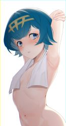 1girl armpits arms_up blue_eyes blue_hair blush breasts cowboy_shot creatures_(company) eyelashes freckles game_freak hairband highres komadera lana_(pokemon) looking_at_viewer naked_towel navel nintendo nude parted_lips pokemon pokemon_sm short_hair simple_background small_breasts solo stretching towel towel_around_neck towel_over_breasts wet white_background rating:Sensitive score:156 user:danbooru