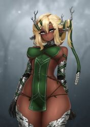  1girl antlers barbariank bare_shoulders black_gloves blonde_hair breast_bondage breasts commentary covered_erect_nipples cowboy_shot dark-skinned_female dark_skin dryad elbow_gloves english_commentary eyes_visible_through_hair freckles gloves green_eyes green_ribbon hair_between_eyes hair_ribbon highres horns large_breasts long_hair long_pointy_ears monster_girl original panties pelvic_curtain plant_girl pointy_ears revealing_clothes ribbon rope solo symbol-shaped_pupils thick_eyebrows thick_thighs thighs underwear wide_hips 