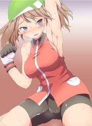 00s 1girl :o alternate_color alternate_costume arm_up armpits bandana bare_arms bare_shoulders bike_shorts blue_eyes blush breasts brown_hair cameltoe clenched_hand collared_shirt creatures_(company) female_focus game_freak gloves gradient_background green_bandanna hand_up hip_focus large_breasts legs looking_back looking_to_the_side may_(pokemon) may_(pokemon_emerald) nintendo open_mouth poke_ball pokemon pokemon_emerald pokemon_rse red_shirt rei_oe shiny_skin shirt short_hair skirt sleeveless sleeveless_shirt solo sweat wide_hips rating:Questionable score:87 user:echlight