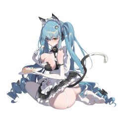  1girl absurdres animal_ears apron ass black_dress blue_hair blush breasts cake cake_slice cat_ears cat_tail dress drill_hair dududu_(flying-corpses) eating elbow_gloves fake_animal_ears fake_tail food fork from_behind gloves goddess_of_victory:_nikke highres holding large_breasts legwear_garter light_blue_hair long_hair looking_at_viewer maid maid_headdress neck_bell official_alternate_costume paw_hair_ornament privaty_(nikke) privaty_(unkind_maid)_(nikke) simple_background sitting skindentation solo tail thighhighs twin_drills twintails very_long_hair white_apron white_background white_gloves white_thighhighs yellow_eyes  rating:Sensitive score:22 user:Leksa
