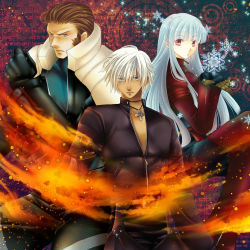  1girl 2boys blue_eyes blue_hair brown_eyes brown_hair fire ice k&#039;_(kof) kula_diamond leather looking_at_viewer maxima multiple_boys snk the_king_of_fighters white_hair  rating:Sensitive score:4 user:NotoriousCuzzy