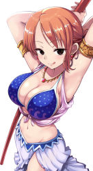  1girl :q armlet armpits arms_up bare_shoulders bikini bikini_top_only blue_bikini blue_vest blush breasts cleavage clima-tact cloud collarbone commentary_request cowboy_shot day earrings groin harem_outfit hat highres holding holding_staff jewelry kasai_shin large_breasts long_skirt looking_at_viewer midriff nami_(one_piece) navel necklace one_piece orange_hair parted_bangs short_hair sidelocks simple_background skirt skull_and_crossbones smile solo staff standing swimsuit tongue tongue_out vest white_background white_skirt  rating:Sensitive score:96 user:danbooru