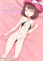 1girl animal_hat artist_name bare_arms bare_shoulders breasts brown_hair closed_eyes dutch_angle english_text female_focus hat highres jewelry llenn_(sao) loli lying mind_control navel on_back partially_visible_vulva patreon_logo patreon_username piercing pillow pink_hat red_eyes slingshot_swimsuit small_breasts solo swimsuit sword_art_online sword_art_online_alternative:_gun_gale_online vahn_yourdoom watermark web_address rating:Explicit score:61 user:Domestic_Importer