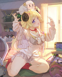 1girl absurdres ahoge animal animal_ears animal_on_head armor armpits arms_up bare_legs beek blonde_hair blush book braid breasts cardigan choker collarbone controller curtains day dress eyewear_on_head food french_braid frilled_dress frills fruit full_body game_controller grey_dress hair_ornament hair_ribbon hairclip harp headphones headphones_removed helmet highres hololive horns indoors instrument japanese_armor kabuto_(helmet) long_hair looking_at_viewer medium_breasts nintendo_switch off_shoulder official_alternate_costume on_head open_cardigan open_clothes open_mouth pink_ribbon purple_eyes red_choker red_footwear ribbon see-through see-through_sleeves sheep sheep_ears sheep_girl sheep_horns shelf short_dress snack socks solo star-shaped_eyewear star_(symbol) striped_clothes striped_dress sunglasses sunlight tambourine thighs tsunomaki_watame tsunomaki_watame_(street_casual) underbust unworn_eyewear vertical-striped_clothes vertical-striped_dress very_long_hair virtual_youtuber watermelon window wooden_floor