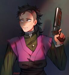  1boy arm_at_side artist_name black_hair black_jacket facial_scar finger_on_trigger grey_background gun hand_up highres holding holding_gun holding_weapon jacket kimetsu_no_yaiba lavelis layered_clothes layered_sleeves long_sleeves looking_to_the_side male_focus pink_shirt scar scar_on_cheek scar_on_face shadow shinazugawa_genya shirt short_over_long_sleeves short_sleeves solo undercut upper_body weapon 