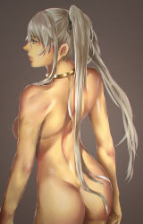  1girl ass bad_id bad_pixiv_id blue_eyes breasts from_behind hair_ribbon jewelry lips long_hair mabinogi nao_(mabinogi) nude original parted_lips profile ribbon simple_background solo standing viola_(seed) white_hair  rating:Questionable score:30 user:danbooru