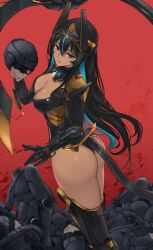  1girl 4others android armor armored_leotard ass black_hair blue_hair breasts cleavage dark_skin decapitation gloves goddess_of_victory:_nikke headgear indivilia_(nikke) large_breasts leotard long_hair looking_at_viewer multicolored_hair multiple_others parted_lips severed_head smile tail thighhighs thong thong_leotard tsumugu_nagato8 two-tone_hair very_long_hair 