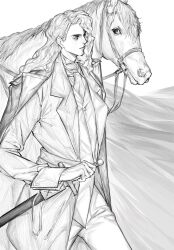  1boy ascot bishounen buttons cape chinese_commentary coat collared_coat commentary_request cowboy_shot formal greyscale hand_on_hilt highres horse interview_with_a_vampire lapels lestat_de_lioncourt_(interview_with_a_vampire) lipstick long_hair long_sleeves looking_ahead makeup male_focus monochrome notched_lapels open_clothes open_coat pants realistic reins sheath sheathed shirt simple_background solo suit sword thick_eyebrows vest walking wavy_hair weapon white_background zhishi_(itsme948) 