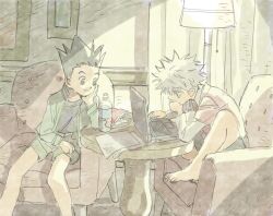  2boys armchair bare_legs barefoot black_hair black_shirt blue_eyes bottle brown_eyes chair closed_mouth computer curtains elbow_rest feet_out_of_frame floor_lamp gon_freecss green_shorts hand_on_lap hand_on_own_chin highres hunter_x_hunter indoors jacket killua_zoldyck knee_up lampshade laptop layered_sleeves leaning leaning_forward long_sleeves looking_at_object male_focus mito_tomiko multiple_boys muted_color open_clothes open_jacket paper red_shirt shade shirt short_over_long_sleeves short_sleeves shorts sitting spiked_hair table unkempt watercolor_effect white_hair white_shirt 