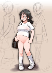  1girl bag black_hair blush bookbag bottomless breasts cleft_of_venus glasses j7w loli nipples no_panties outie_navel pregnant public_indecency pussy shirt shoes sneakers t-shirt tagme  rating:Explicit score:49 user:lolipositor