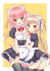  2girls :d ahoge animal_ears apron black_ribbon black_thighhighs blush bow breasts cat_ears cat_girl cat_tail cleavage detached_collar dress frilled_dress frills green_eyes hair_ribbon hamico hand_on_another&#039;s_chest haruka_(hamico) kokona_(hamico) light_brown_hair long_hair maid maid_apron maid_headdress medium_hair multiple_girls open_mouth orange_eyes original panties pantyshot pink_hair puffy_short_sleeves puffy_sleeves red_bow ribbon short_sleeves smile striped_clothes striped_panties swept_bangs tail thighhighs twintails underwear very_long_hair 