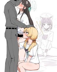  1boy 3girls airi_(band)_(blue_archive) airi_(blue_archive) animal_ears blonde_hair blue_archive blush bottomless brown_hair cat_ears censored fellatio female_masturbation ffm_threesome fingering green_halo group_sex halo hand_on_another&#039;s_head hetero highres kazusa_(band)_(blue_archive) kazusa_(blue_archive) kiss long_hair masturbation multiple_girls oral pants penis penis_grab sex_envy shirt short_sleeves sitting standing t-shirt threesome tongue tongue_out toriyarou twintails voyeurism watching white_shirt yellow_halo yoshimi_(band)_(blue_archive) yoshimi_(blue_archive)  rating:Explicit score:56 user:danbooru