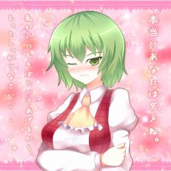 ... 1girl ascot blush breast_hold breasts confession female_focus frown greave_(asterism) kazami_yuuka one_eye_closed plaid plaid_vest pov puffy_sleeves solo text_focus touhou translation_request tsundere vest wink rating:Sensitive score:2 user:danbooru