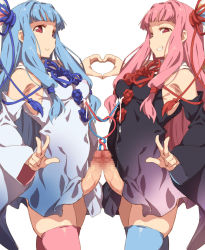  2girls armpits black_dress blue_dress blue_flower blue_hair blue_ribbon blue_rose blue_thighhighs breasts censored covered_erect_nipples crazy_straw detached_sleeves dress drinking_straw erection flower from_side futa_with_futa futanari gradient_dress grin hair_ribbon hand_up heart heart_hands incest kotonoha_akane kotonoha_aoi long_hair long_sleeves looking_at_viewer medium_breasts mosaic_censoring multiple_girls multiple_penises nipples penis penises_touching pink_hair pink_legwear red_eyes red_flower red_ribbon red_rose ribbon rose siblings simple_background sisters skindentation smile standing symmetry takemura_sessyu thighhighs urethral_insertion voiceroid w white_background wide_sleeves  rating:Explicit score:216 user:danbooru