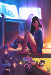 1girl barefoot bastion_(overwatch) blood brown_hair character_doll crossed_ankles d.va_(overwatch) eyebrows facial_mark full_body hair_down highres ibrahem_swaid lips meka_(overwatch) monitor naked_sweater nose overwatch overwatch_(logo) overwatch_1 reaper_(overwatch) screen_light sleeves_past_wrists solo sombra_(overwatch) starcraft sweater toes tracer_(overwatch) whisker_markings zerg_(starcraft) rating:Sensitive score:22 user:danbooru