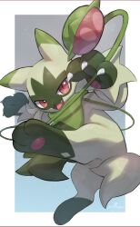  claws creatures_(company) fang floragato furry game_freak looking_at_viewer nintendo nullma open_mouth pink_eyes pokemon pokemon_(creature) scarf signature smile solo yo-yo 