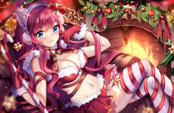 1girl animal_ear_headphones animal_ears armchair bikini blue_eyes breasts candy candy_cane cat_ear_headphones cat_ears chair christmas cleavage closed_mouth commentary diagonal-striped_legwear english_commentary fake_animal_ears fireplace food frilled_skirt frills fur-trimmed_gloves fur-trimmed_skirt fur_trim gloves hair_between_eyes headphones indoors large_breasts looking_at_viewer navel on_chair original pleated_skirt red_gloves red_hair red_skirt skirt smile solo squchan star_(symbol) swimsuit thighhighs rating:Sensitive score:17 user:danbooru