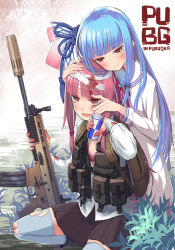 2girls alternate_costume assault_rifle backpack bag bandaged_arm bandaged_head bandages black_skirt bleeding blood blood_on_clothes blood_on_face blue_hair blue_ribbon blue_thighhighs bra breasts bush can closed_mouth commentary_request copyright_name determined dress energy_drink fn_scar gun hair_ribbon half-closed_eyes holding holding_can holding_gun holding_weapon hug hug_from_behind kotonoha_akane kotonoha_aoi load_bearing_vest long_hair long_sleeves multiple_girls open_clothes open_mouth open_shirt partially_unbuttoned pink_bra pink_eyes pink_hair playerunknown&#039;s_battlegrounds pleated_skirt red_bull ribbon rifle sailor_collar sailor_dress samaru_(seiga) scraped_knee shirt siblings sisters skirt sleeve_cuffs small_breasts smile squatting suppressor thighhighs torn_clothes torn_thighhighs underwear voiceroid weapon white_dress white_sailor_collar white_shirt wiping_mouth