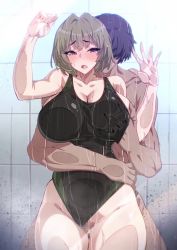1boy 1girl against_fourth_wall against_glass akina-chan animated bathing bathroom blush breasts brown_hair censored cleavage closed_eyes clothing_aside cum cum_in_pussy ejaculation excessive_cum grabbing grabbing_another&#039;s_breast grabbing_from_behind green_hair green_haired_girl_(buckethead) grey_eyes hand_under_clothes highres hug huge_breasts nipples one-piece_swimsuit one_breast_out orgasm original penis puffy_nipples sex sex_from_behind short_hair showering sound standing standing_sex swimsuit swimsuit_aside tears thick_thighs thighhighs thighs umezawa_itte vaginal video water wet rating:Explicit score:770 user:spk