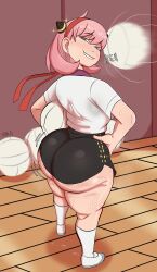 1girl absurdres aged_up ahoge anya&#039;s_heh_face_(meme) anya_(spy_x_family) artist_name ass ball black_shorts blush earrings from_behind green_eyes gym gym_uniform hair_ornament hands_on_own_hips headband highres holding holding_ball huge_ass imminent_pain incoming_attack jewelry looking_back medium_hair meme motion_blur motion_lines pink_hair playing_sports shirt shoes short_shorts short_sleeves shorts smile smug socks solo spy_x_family sweat thick_thighs thighs volleyball volleyball_(object) white_shirt yamathegod  rating:Questionable score:188 user:JustHere4Butts