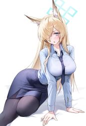  1girl absurdres animal_ear_fluff animal_ears black_necktie black_pantyhose blonde_hair blue_archive blue_eyes blue_halo blue_shirt blue_skirt blush breasts cleavage collarbone collared_shirt fang hair_over_one_eye halo highres kanna_(blue_archive) large_breasts long_hair long_sleeves murabana44 necktie office_lady open_mouth pantyhose shirt simple_background skirt solo white_background 