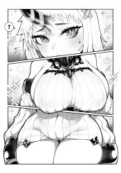  1girl blush breasts cameltoe cleft_of_venus greyscale highres huge_breasts looking_at_viewer monochrome multiple_views oni ribbed_sweater seaport_princess sideboob solo sweater uni_(oni_unicorn) 