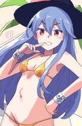  1girl bikini black_hat blue_hair breasts gold_bikini grin groin hand_on_own_hip hat highres hinanawi_tenshi jack_(wkm74959) leaf_hat_ornament long_hair navel one-hour_drawing_challenge peach_hat_ornament red_eyes small_breasts smile sun_hat swimsuit touhou v-shaped_eyebrows very_long_hair white_wrist_cuffs wrist_cuffs 