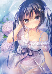  1girl ahoge black_eyes black_hair black_ribbon blue_bra blue_panties blush bow bow_panties bra breasts collarbone covered_erect_nipples covered_navel dress embarrassed flower furrowed_brow hair_intakes hair_ornament hairpin hand_to_head hand_up highres hydrangea lace lace-trimmed_dress lace_bra lace_panties lace_ribbon lace_trim looking_at_viewer medium_breasts nose_blush off-shoulder_dress off_shoulder original panties parted_lips rain ribbon rubi-sama see-through see-through_dress shell_hair_ornament short_sleeves solo standing sundress transparent transparent_umbrella twintails umbrella underwear wet wet_clothes wet_dress wet_hair white_dress white_ribbon  rating:Sensitive score:5 user:danbooru