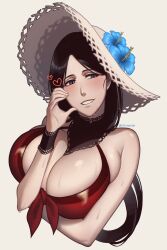  1girl 50x48x48 arm_under_breasts bikini black_hair bleach bleach:_brave_souls blue_eyes blue_flower blush breasts cleavage commentary cropped_torso flower half-heart_hands halterneck hand_up hat hat_flower highres huge_breasts long_hair looking_at_viewer open_mouth parted_bangs red_bikini simple_background smile solo straw_hat swimsuit tsurime twitter_username unohana_retsu wet white_background white_hat 