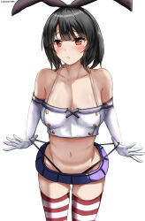 1girl absurdres adapted_costume bare_shoulders black_hair black_panties black_ribbon blue_skirt blush breasts buttons cleavage cosplay cowboy_shot crop_top double-breasted elbow_gloves embarrassed gloves hair_ornament hair_ribbon highleg highleg_panties highres hip_focus kantai_collection light_frown looking_at_viewer medium_breasts medium_hair microskirt midriff mizuki_(uzuki_no_sato) navel orange_eyes panties pleated_skirt pulling_own_clothes revealing_clothes ribbon self_wedgie shimakaze_(kancolle) shimakaze_(kancolle)_(cosplay) shirt skindentation skirt sleeveless sleeveless_shirt small_breasts solo spaghetti_strap string_pull striped_clothes striped_thighhighs takao_(kancolle) thighhighs thighs underwear white_gloves white_shirt