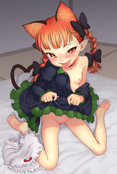 1girl animal_ears barefoot bloomers bloomers_around_one_leg blush bow bow_bloomers braid cat_ears cat_girl cat_tail clothes_lift dress dress_lift extra_ears fangs feet female_focus flat_chest highres kaenbyou_rin loli multiple_tails nametake nekomata nipples off_shoulder pointy_ears pussy red_eyes red_hair ribbon sitting solo tail toes tongue tongue_out touhou twin_braids twintails underwear wariza rating:Explicit score:117 user:danbooru