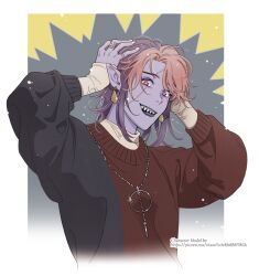  5altybitter5 :d black_jacket borrowed_character colored_skin earrings glint hands_up jacket jewelry looking_at_viewer medium_hair multiple_rings open_mouth orange_hair original purple_skin red_sweater ring scar scar_across_eye sharp_teeth shirt smile solo stitches sweater teeth white_shirt 