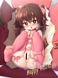 1girl anus bar_censor brown_eyes brown_hair censored commentary_request english_text happy_valentine heart heart-shaped_pupils highres loli looking_at_viewer lying musouzuki naked_ribbon nude on_back open_mouth original pink_ribbon pink_thighhighs profanity pussy ribbon saliva short_hair solo symbol-shaped_pupils thighhighs two_side_up valentine rating:Explicit score:345 user:danbooru