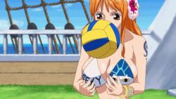  1girl aliasing animated animated_gif anime_screenshot ball breasts cleavage flower holding holding_ball large_breasts long_hair lowres nami_(one_piece) non-web_source one_piece one_piece_special:_episode_0 playing_sports volleyball volleyball_(object)  rating:Sensitive score:47 user:Kyuubi_Killer