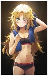 1girl alternate_hairstyle arm_up bare_arms black_bra black_panties blonde_hair blue_towel blush border bra brand_name_imitation breasts cleavage clothes_writing collarbone commentary cowboy_shot drying drying_hair english_commentary fate/apocrypha fate_(series) green_eyes hair_down highres long_hair mordred_(fate) mordred_(fate/apocrypha) navel one_eye_closed outline panties parted_bangs photoshop_(medium) small_breasts solo sports_bikini sports_bra stomach toned tonee towel towel_around_neck underwear v-shaped_eyebrows very_long_hair white_border rating:Sensitive score:78 user:danbooru