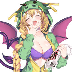  1girl bikini blonde_hair blush braid breasts bucchake_(asami) cleavage closed_eyes commentary_request covering_own_mouth demon_girl demon_tail demon_wings dragon dragon_hood eastern_dragon facing_viewer fang food green_jacket hair_between_eyes hand_over_own_mouth heart heart_tail holding holding_food hood hooded_jacket jacket large_breasts long_braid long_hair long_sleeves mako_(bucchake_(asami)) mochi open_clothes open_jacket open_mouth original partially_unzipped purple_bikini simple_background single_braid solo swimsuit tail upper_body very_long_hair white_background wings yawning 