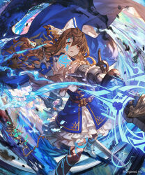  1girl belt belt_buckle blue_cloak blue_dress boots bow braid brown_hair buckle cloak commentary_request curly_hair dress dual_wielding ezusuke facial_mark foot_out_of_frame frilled_skirt frills from_above gauntlets hair_between_eyes hair_bow highres holding holding_sword holding_weapon long_hair looking_at_viewer maisha_laforge_(shadowverse) multiple_swords official_art open_mouth orange_eyes pantyhose shadowverse single_bare_shoulder skirt solo standing sword torn_clothes torn_dress torn_pantyhose very_long_hair weapon white_bow 