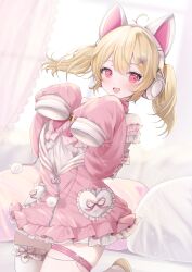  1girl :d ahoge animal_ears blonde_hair breasts commission curtains dot_nose dress headphones highres kneeling kurage_cc large_breasts leg_belt looking_at_viewer on_bed open_mouth original pillow pink_dress pink_eyes pink_sleeves pleated_dress pom_pom_(clothes) red_eyes short_dress skeb_commission skindentation sleeves_past_fingers sleeves_past_wrists smile solo thighhighs thighs twintails white_thighhighs zettai_ryouiki 