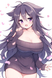  1girl :d animal_ears black_hair black_sweater blush breasts cleavage commentary_request commission cowboy_shot fang hair_between_eyes highres izuminanase large_breasts long_hair long_sleeves off-shoulder_sweater off_shoulder open_mouth original petals pinching_sleeves purple_eyes ribbed_sweater simple_background skeb_commission sleeves_past_wrists smile solo standing sweater very_long_hair white_background 
