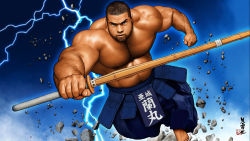  1boy abs arm_hair bara beard biceps brown_hair chest_hair electricity facial_hair frown gyee hairy hakama highres japanese_clothes jiraiya kanji large_pectorals male_focus manly mature_male muscular muscular_male navel navel_hair nipples official_art open_mouth pectorals ranmaru_(gyee) rock running short_hair solo sword thick_arms thick_eyebrows topless_male weapon wooden_sword 