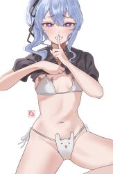  1girl :d black_choker black_ribbon black_shirt blue_hair blue_nails bra breasts choker clothes_lift double-parted_bangs finger_to_mouth furrowed_brow hair_ribbon highres hololive hoshimachi_suisei knees_out_of_frame lifting_own_clothes light_blush looking_at_viewer medium_hair nail_polish navel open_mouth panties purple_eyes ribbon shirt shirt_lift short_sleeves shushing side-tie_panties side_ponytail sidelocks simple_background sitting small_breasts smile solo stomach straight-on tomanesan underwear virtual_youtuber white_background white_bra white_panties 