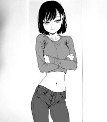  1girl bad_id bad_pixiv_id black_hair breasts crossed_arms dende_(dndn222) earrings greyscale hair_behind_ear highres jewelry large_breasts long_sleeves looking_at_viewer monochrome navel original pants scan scan_artifacts short_hair smile solo standing stomach traditional_media 