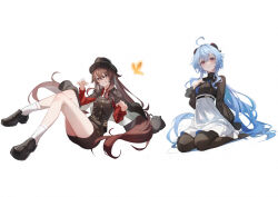 2girls absurdres ahoge black_pantyhose black_shirt blue_hair breasts commentary_request full_body ganyu_(china_merchants_bank)_(genshin_impact) ganyu_(genshin_impact) genshin_impact hair_intakes hand_on_own_chest high-waist_skirt highres horns hu_tao_(genshin_impact) hu_tao_(oneplus)_(genshin_impact) long_hair long_sleeves looking_at_viewer lumo_1121 multiple_girls official_alternate_costume pantyhose purple_eyes seiza shirt simple_background sitting skirt very_long_hair white_background white_skirt 