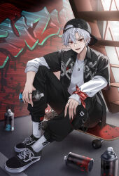 1boy alternate_costume asymmetrical_bangs backwards_hat baseball_bat black_footwear black_hat black_pants black_shirt breast_pocket can collared_shirt ear_piercing fang fingernails full_body graffiti hair_between_eyes hand_on_own_knee hat highres holding holding_can jewelry kuzuha_(nijisanji) light_particles light_rays looking_at_viewer male_focus mole mole_under_eye multiple_rings necklace nijisanji open_clothes open_mouth open_shirt pants piercing pocket pointy_ears pora_0918 print_shirt red_eyes ring sharp_fingernails shirt shirt_under_shirt shoes short_hair sitting skateboard sleeve_rolled_up sneakers socks spray_can stairs sunbeam sunlight tsurime v-shaped_eyebrows virtual_youtuber white_hair white_shirt white_socks
